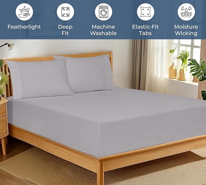 Royale Linens 100% Organic Cotton Fitted Sheet - Percale Weave - Super Soft Deep Pocket Bottom Sheets - Elastic Sheet King Size - King Fitted Sheets Only - (78"x80"+15", Silver)