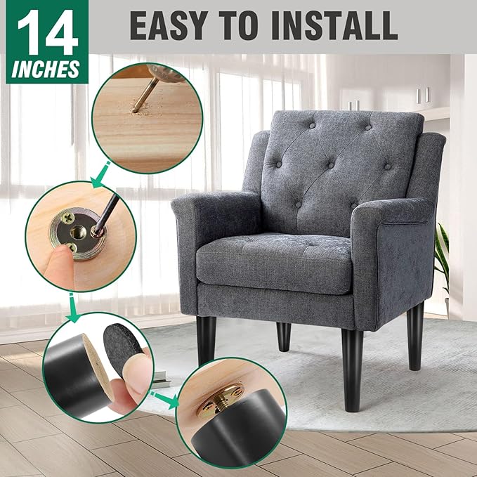 FoDau770 Black Rubber Wood Furniture Legs 14 Inches, Straight Tapered Wood Feet Mid Century Sofa Legs Set of 4, 5/16" UNC Furniture Feet for Cabinet Couch Dresser Chair Ottoman Table