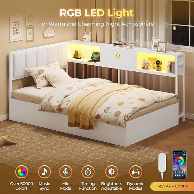 Hasuit Corner Twin Lift Up Storage Bed Frame with Charging Station & LED Lights, Twin Day Bed with Upholstered Headboard and Bookcase, Corner Beds with Hydraulic for Kids Teens Guests, White