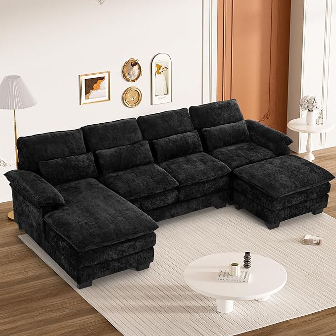 114" Cloud Couch Sectional Modular Sofa U Shaped Sectional Couches for Living Room Comfy 5-Seater Deep Seat Couch Chenille Cloud Sectional Sofa with Movable Ottoman & 4 Pillows, Jet Black
