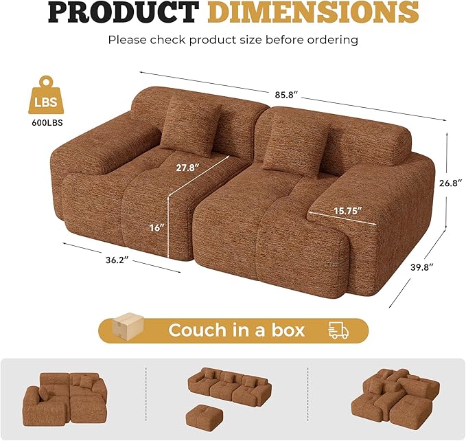 85" Cloud Loveseat Sofa in a Box, Modern Small Couch No Assembly Required, Comfy Deep Seat Boneless Couches for Living Room, Bedroom, Apartment, Orange 1 PCS