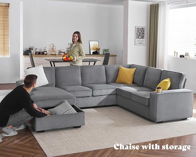 PaPaJet Oversized Sofa, 112 inch U Shaped Sofa with USB Ports, Sectional Couch with Storage Chaise, Corduroy Grey