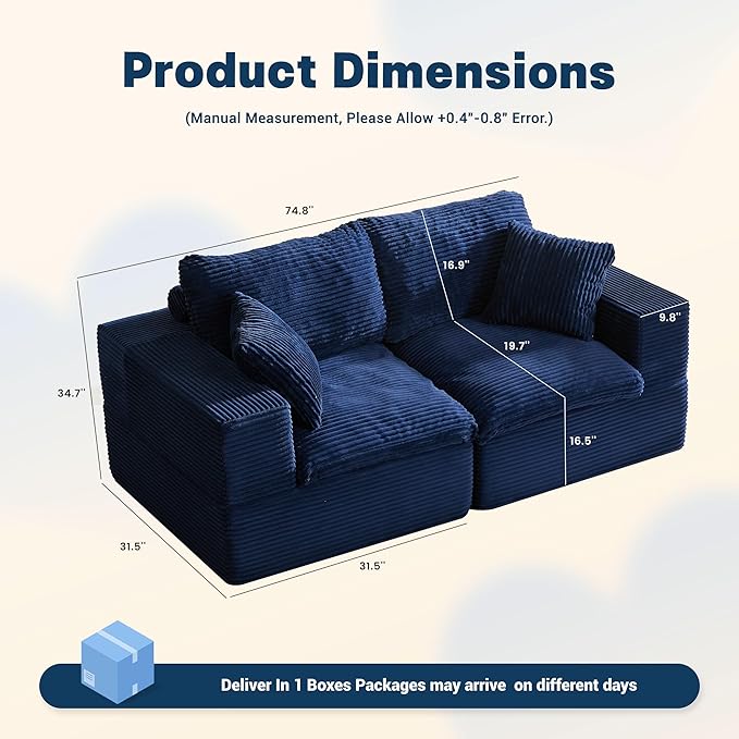 74.8” Set of Cloud Couch, Modular Loveseat Sofa, Convertible Sofas Bed, Deep Seat Sofa, Cozy Sofa for Living Room, Office and Bedroom, Corduroy, Blue