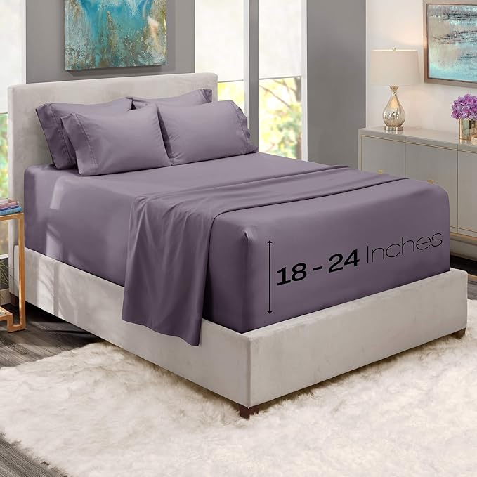Hearth & Harbor Bed Sheets, Luxury Soft 6 Piece Bed Sheet Set Extra Deep Pocket Fitted Sheets Fits Mattress up to 21", Double Brushed Bedding Sheets & Pillowcases, Twin XL, Purplish Gray