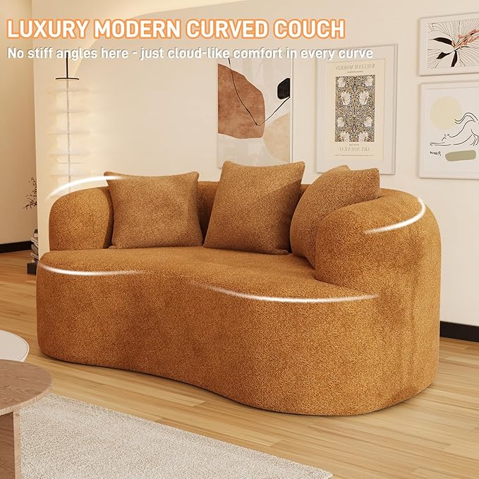 69" Curved Loveseat Sofa for Living Room, Modern Chenille Love Seat Cloud Couch, Luxury Plush Extra Deep Oversized Sofa for Small Spaces, Bedroom, Apartment‌, No Assembly Required, Orange