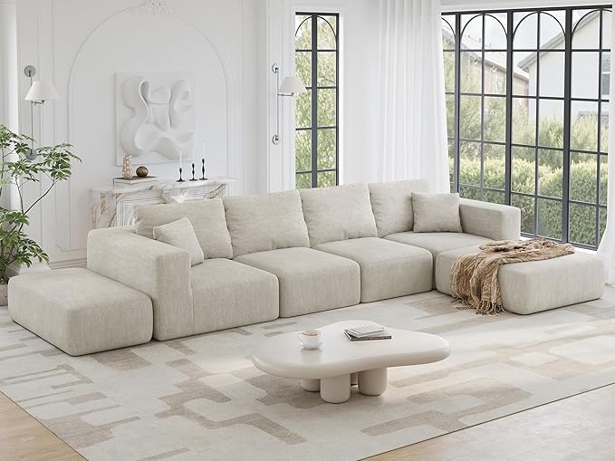 CUGOAO 152'' Modern Boneless Couch, Oversized 2-in-1 Modular Sectional Sofa Bed, Extra Deep Seat Upholstery Cloud Couch, Boneless Couches for Living Room, No Assembly Required, Beige Chenille