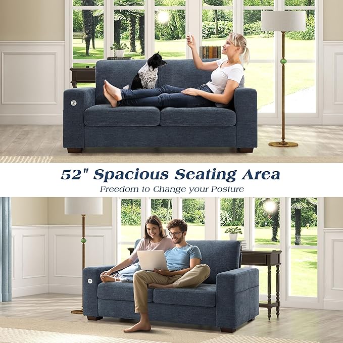 WorthFurni Sofas for Living Room, Chenille Loveseat Couch Set, Small Sofa, 3 Seater Sofa, USB Charging, Removable Sofa Cover,Solid Wood Frame, Easy to Install(70inch,Blue)