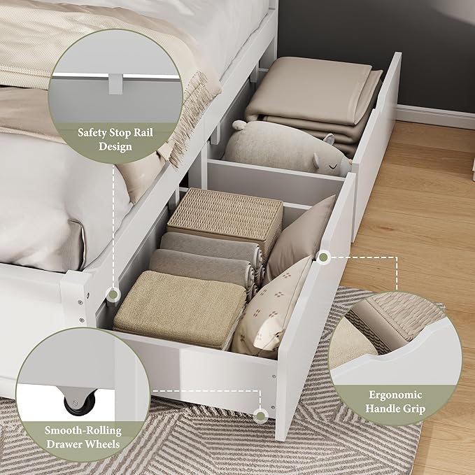 AMERLIFE Solid Wood Full Size Storage Bed Frame with Headboard, Platform Bedframe with 2 Storage Drawers, Beadboard Design & Wooden Slats/No Box Spring Needed/Noise-Free, Coastal White Finish