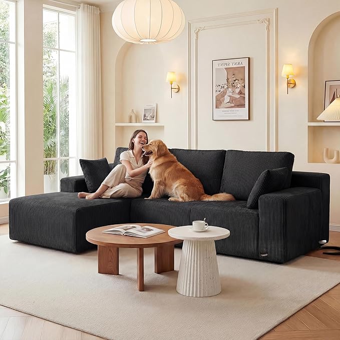 Cloud Sectional Boneless Couches for Living Room, Modular L Shaped Couch with Deep Seat Oversized Left Facing Chaise, Memory Foam Compressed Spineless 3 Seater Sofa for Apartment, Black | No Assembly Required, Deep Seat, Cat-Claw Resistant, High-Resili...
