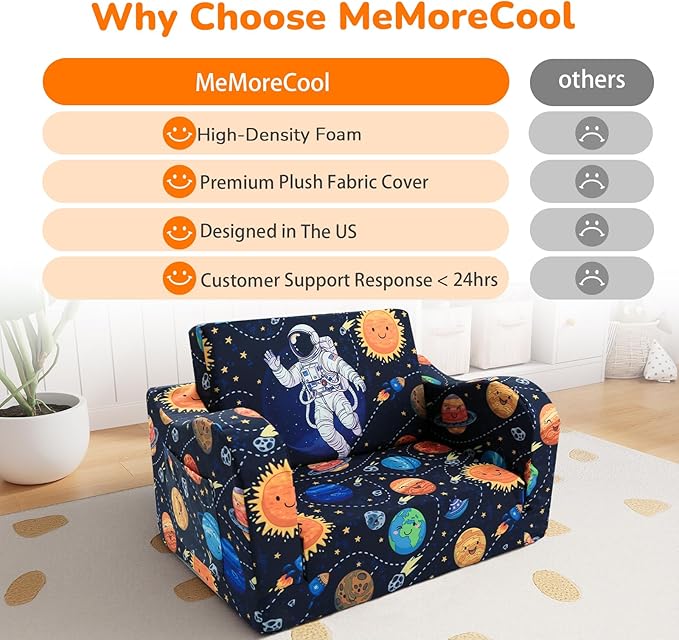 MeMoreCool Folding Kids Couch – 2-in-1 Toddler Sofa Bed & Lounge Chair | Astronaut Print | Fold-Out Design | Washable Cover | Ages 1–3