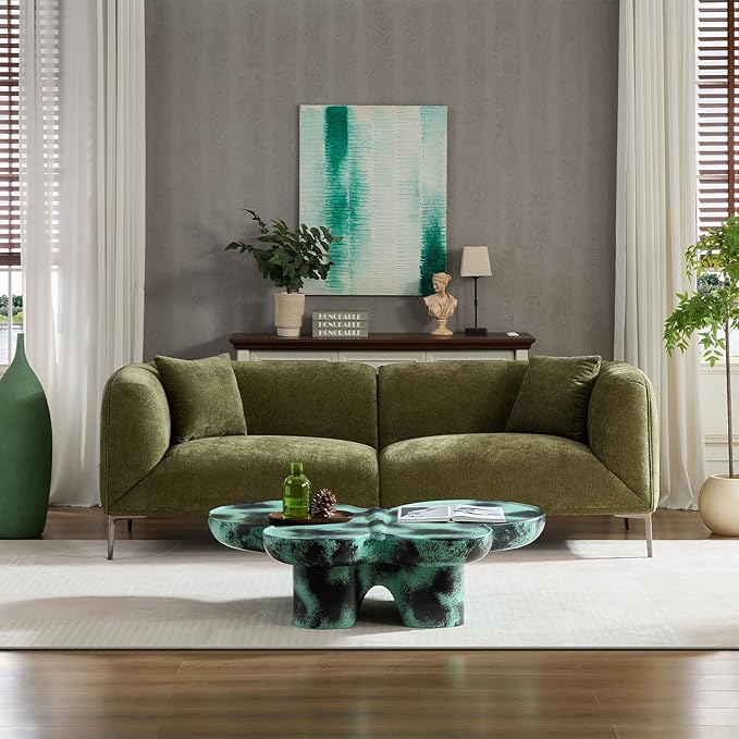 82.68" Modern Upholstered Sofa with Straight Design, Full and Soft Seating, Includes 2 Throw Pillows, 3 Seats,Fabric Couch with Metal Legs for Living Room, Office, Apartment (Green)
