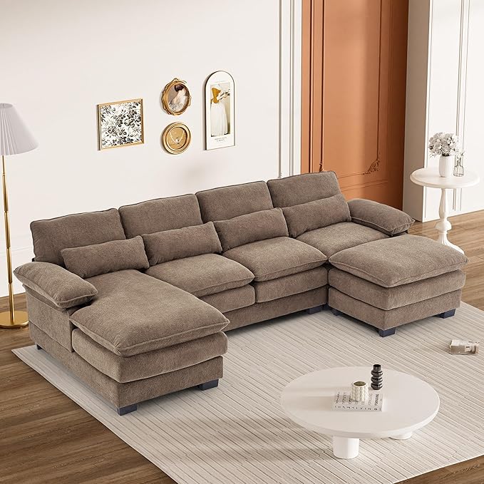 113" Cloud Couch Sectional Modular Sofa U Shaped Sectional Couches for Living Room Comfy 5-Seater Deep Seat Couch Chenille Cloud Sectional Sofa with Movable Ottoman & 4 Pillows, Brown