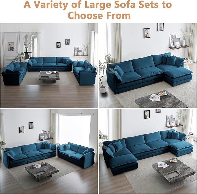 mikibama Modular Sectional Sofa, 146.5 Inch L Shaped Couch Set for Living Room, 4-Seater Comfy Cloud Couches with Movable Ottoman, DIY Combination, Chenille, Blue
