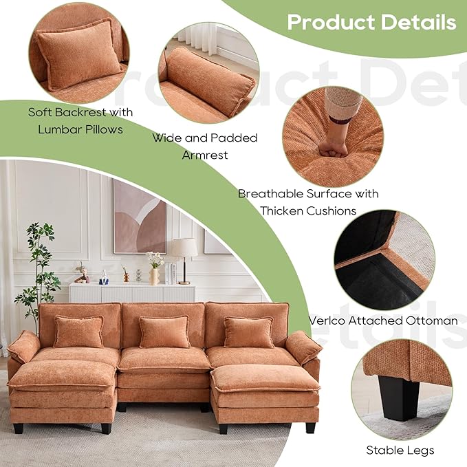 120" Modular Sectional Sofa, Comfy Cloud Couch Sectional Sofa with Ottoman, Chenille Sofa Sleeper Deep Seat Sofa with Throw Pillows for Living Room (Orange, 120"- U Shape)