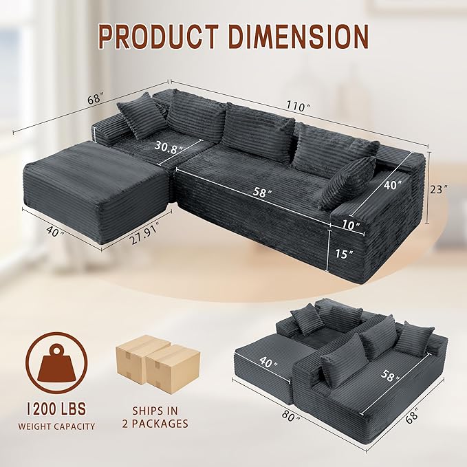 110" L-Shaped Modular Sectional Sofa with Chaise, Boneless Comfy Corduroy Fluffy Couch with Deep Seat and Side Pockets, Flexible Module Combination for Living Room, No Assembly, Side Pockets