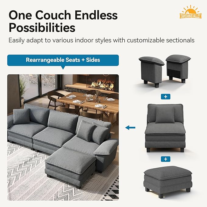 Modular Loveseat Cloud Sofa, 87.5'' Oversized Corduroy Sectional Couch with Wider Armrest and Pillow, 2 Seat Upholstered Modern Love Seat for Living Room Bedroom, Grey