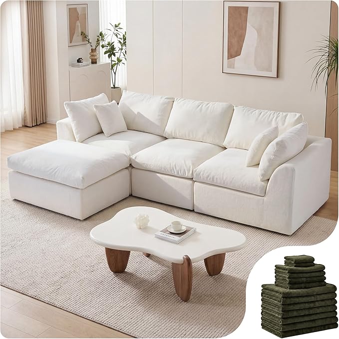 108" Cloud Sectional Couches, with 1 Extra Washable Cover, L Shaped 25.6" Deep Seat Couch with Ottoman, Oversized Comfy Living Room Sofa, DIY Color Refresh（ White Sofa + Green Cover Set）