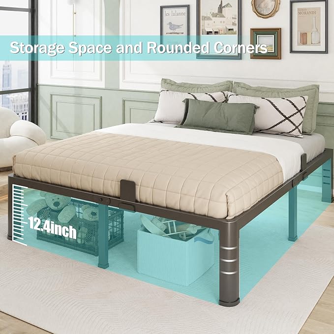 Firpeesy 14 Inch King Bed Frame with Rounded Corner and Headboard Hole Mattress Retainers 3500 lbs Heavy Duty Support Metal Platform Bed Frame Noise Free No Box Spring Needed Easy Assembly
