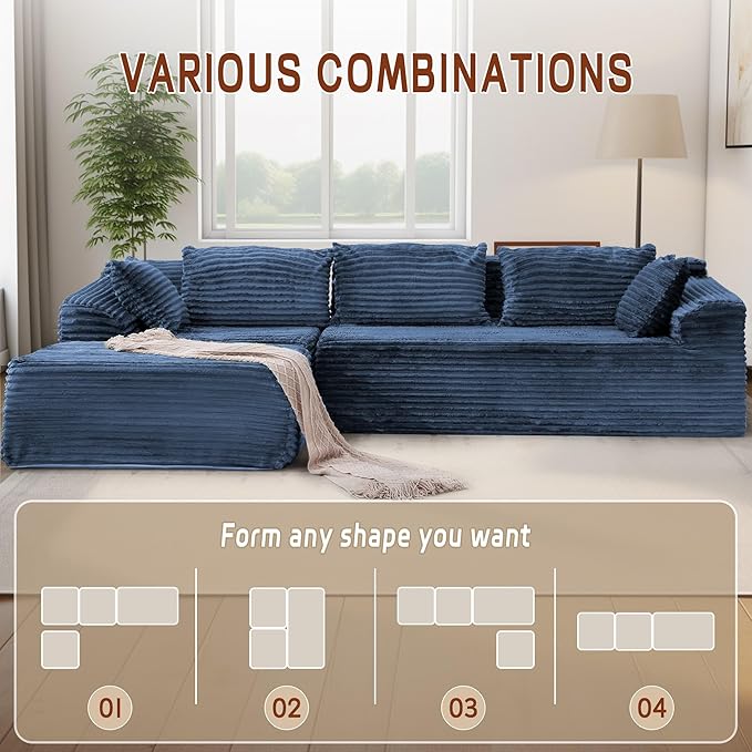 110" L-Shaped Modular Sectional Sofa with Chaise, Boneless Comfy Corduroy Fluffy Couch with Deep Seat and Side Pockets, Flexible Module Combination for Living Room, No Assembly, Side Pockets