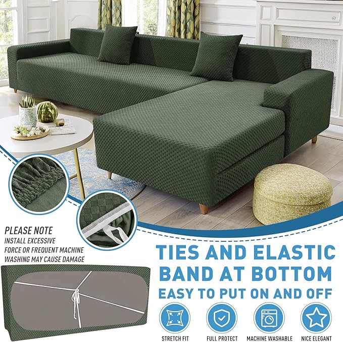 ZNSAYOTX Sectional Couch Covers, Stretch Jacquard Slipcovers with Elastic Bottom for L-Shape Sectional Sofa, 2 Pcs Pet Friendly Modular Sofa Protector (3 Seat Couch + 2 Seat Chaise, Army Green)