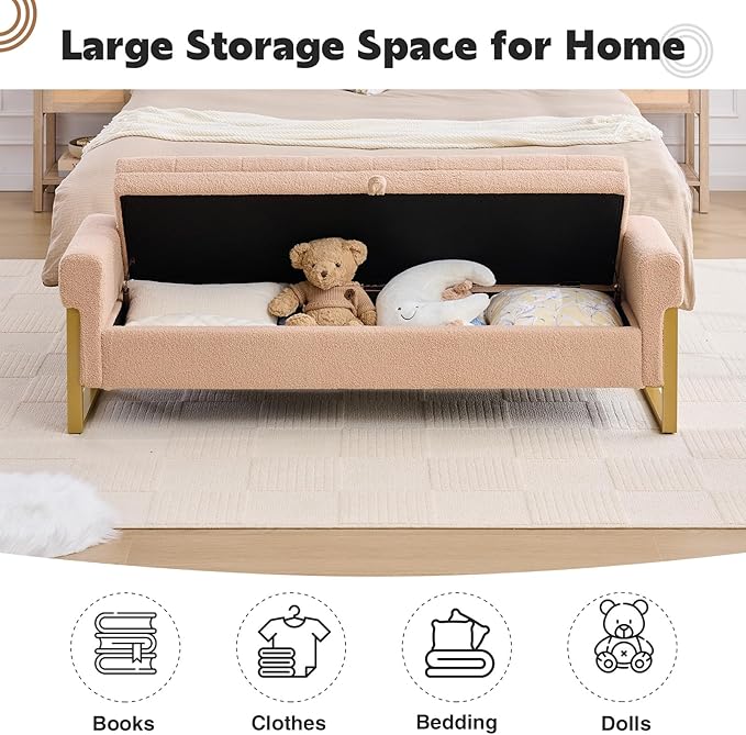 67" End of Bed Storage Bench King Size, Bench for Bedroom Foot of Bed, Upholstered Storage Ottoman with Gold Legs for Window Living Room, Teddy Camel