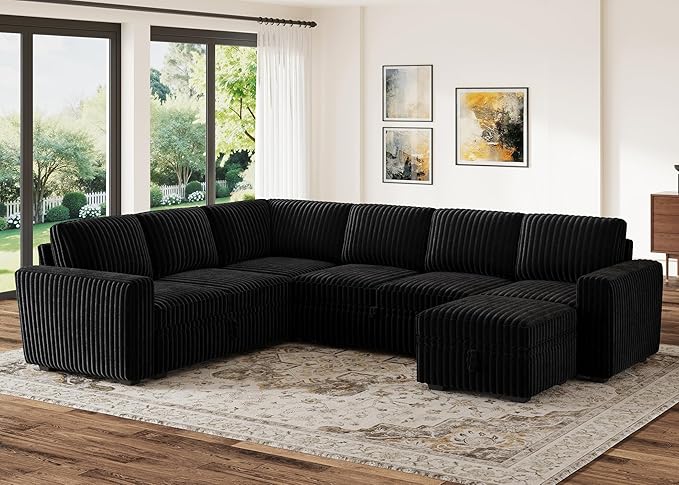 HONBAY Modular Sectional Sleeper Sofa with Pull Out Bed,Corduroy U Shaped Couch with Storage, Sectional Couches for Living Room,Black