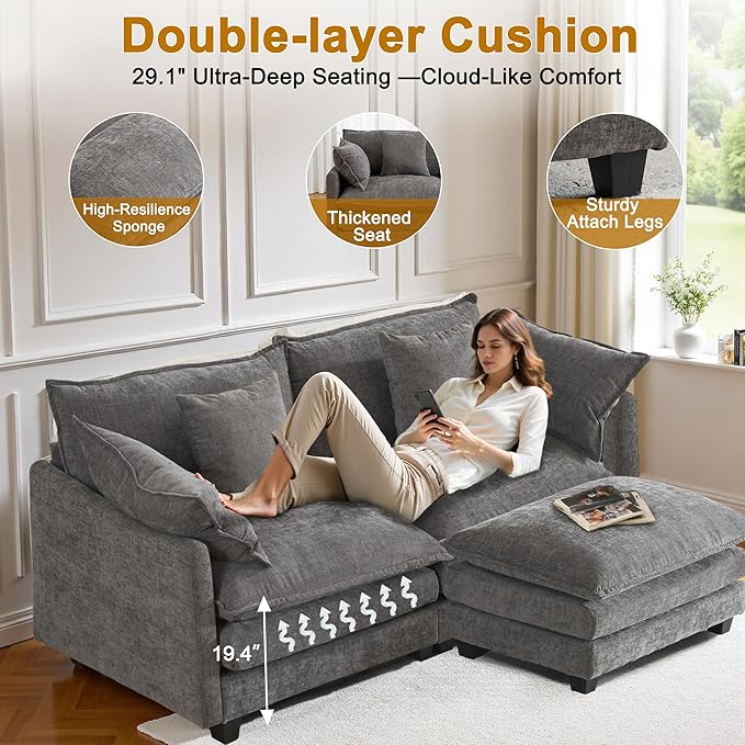 Cloud Chenille L-Shaped Sofa with Ottoman, 77" Space Saving Sectional Loveseat with Chaise, Couch for Small Spaces, Easy Assembly, 1YR Warranty