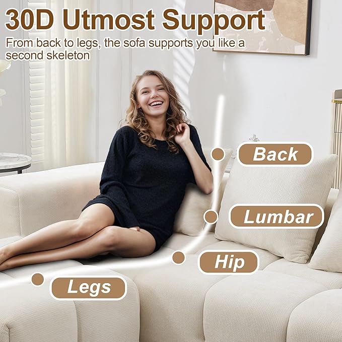 119" Boneless Couch, Cloud Sectional Couch with Deep Seat, High-Density Memory Foam and Chaise, Sectional L Shaped Sofa, Boneless Couches for Living Room, No Assembly Required Tufted Sofa, Beige