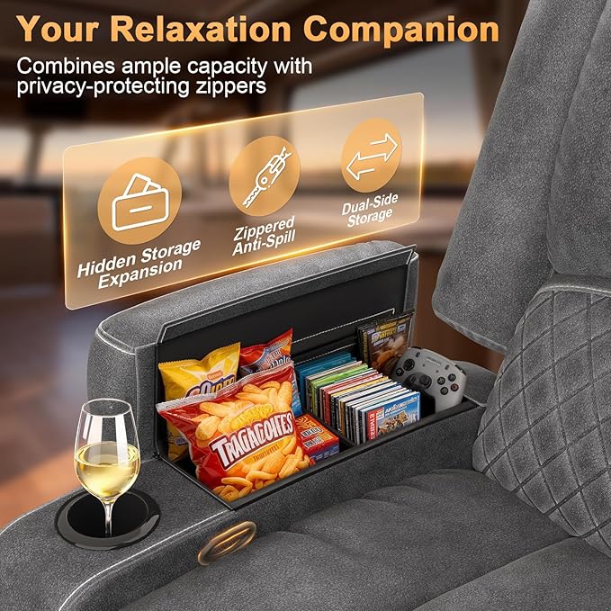 Oversized Manual Recliner Chair, 3X Recliner Home Theater Seating, RV Recliner Single Sofa with Storage, Cup Holder & Side Pocket, Reclining Chair for RV, Home Theater & Living Room (Velvet,Grey)
