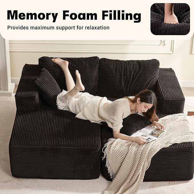 Chaise Lounge Chair, Boneless Couch for Living Room and Bedroom, Set of Sleeper Couches Reading Chairs, Corduroy, Black
