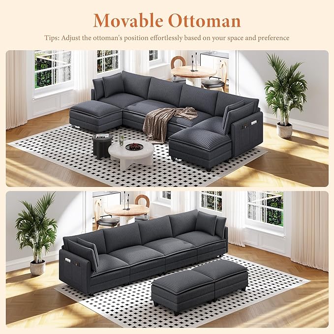 Vesgantti 143" U Shaped Modular Sectional Couch, Comfy Corduroy Upholstered Cloud Sofas for Living Room, Modern 4 Seater Sofa with 2 Movable Ottoman & Throw Pillows, Charcoal Grey