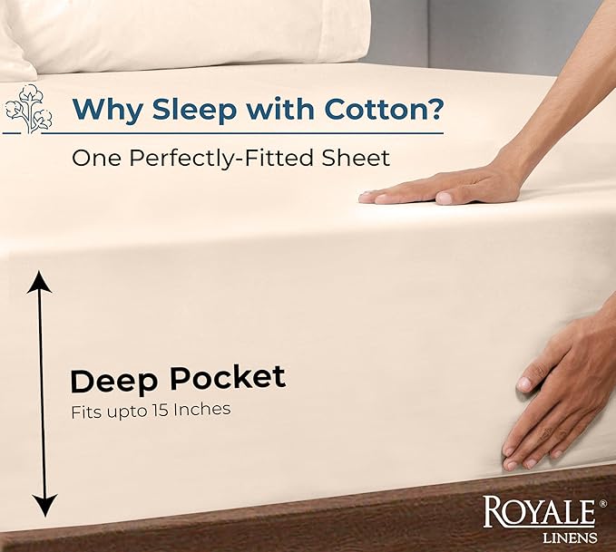 Royale Linens 100% Organic Cotton Fitted Sheet - Percale Weave - Super Soft Deep Pocket Bottom Sheets - Cream Elastic Sheet Queen Size - Queen Fitted Sheets Only - (60"x80"+15", Cream)