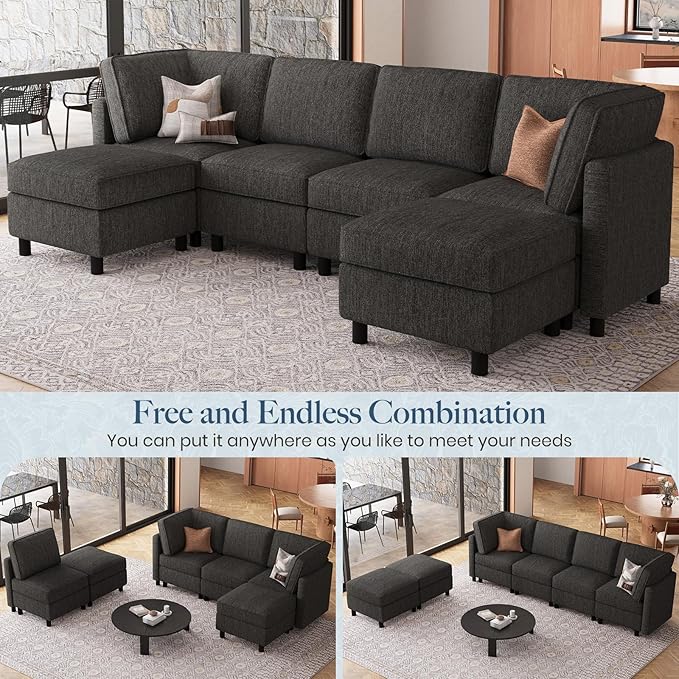 Belffin 110.2" Modular Sectional Sofa 6 Seats U Shaped Couch Washable Sectional Couches for Living Room Comfy Couches with Storage Seat Couch Sofas with Chaise,Dark Grey