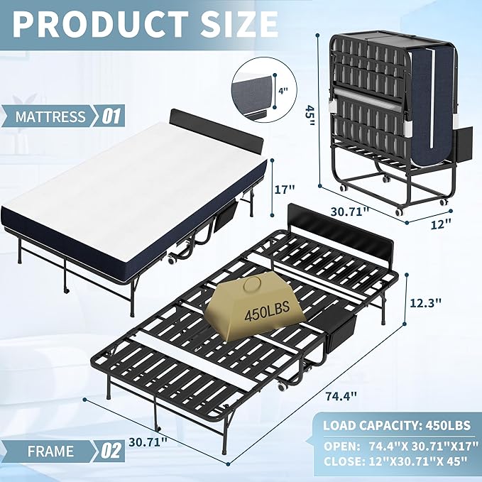 Folding Bed, 74"x31" Portable Beds for Adults, Heavy Duty Sturdy Metal Frame, Foldable Bed on Wheels for Twin Size, Space Saving Rollaway Bed for Guest, Easy Storage(Headboard and Side Storage Pocket)
