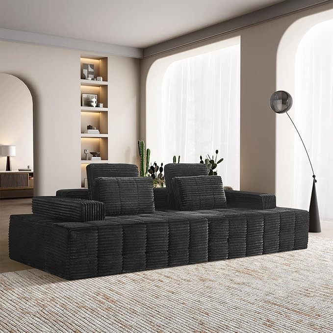 Modular Sectional Sofa with Movable Handrails, Straight-Row Boneless Sofa Sectional Couch for Living Room, Deep Seat Memory Foam Faux Rabbit Fur Fabric Sofa, No Assembly Required(Black)