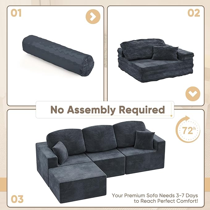 YESHOMY 98.4" Boneless Couches for Living Room, Comfy Modular Sectional Couch, Cloud Couch with Deep Seat, L-Shaped Sofa with Ottoman, Black