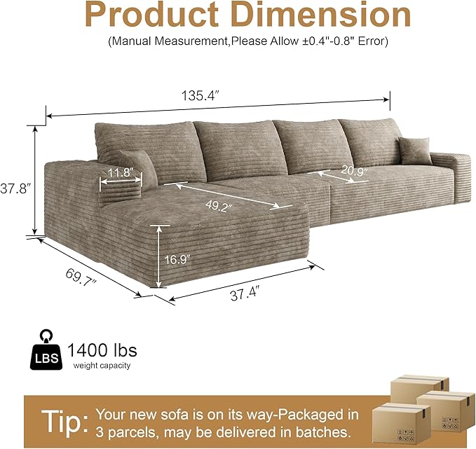 136" Sectional Couches for Living Room Cloud Couch Sofa with L-Shape Upholstered Boneless Couchs Modern Modular Sectional Couch with Chaise (Camel, 136" Left Facing Chaise+3Seaters)