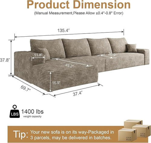 136" Sectional Couches for Living Room Cloud Couch Sofa with L-Shape Upholstered Boneless Couchs Modern Modular Sectional Couch with Chaise (Camel, 136" Left Facing Chaise+3Seaters)