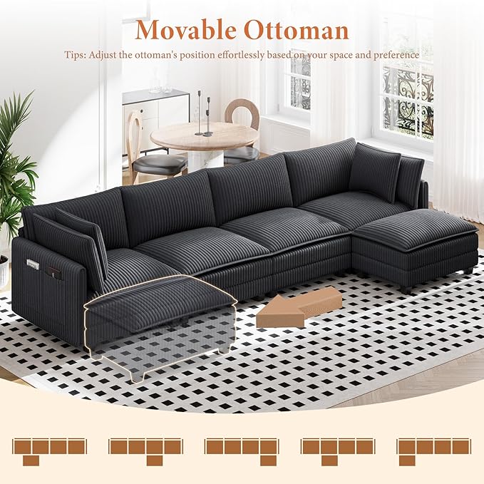 Vesgantti 143" L Shaped Modular Sectional Couch, Comfy Corduroy Upholstered Cloud Couches for Living Room, Modern 3 Seater Sofa with Movable Ottoman & Throw Pillows, Dark Grey