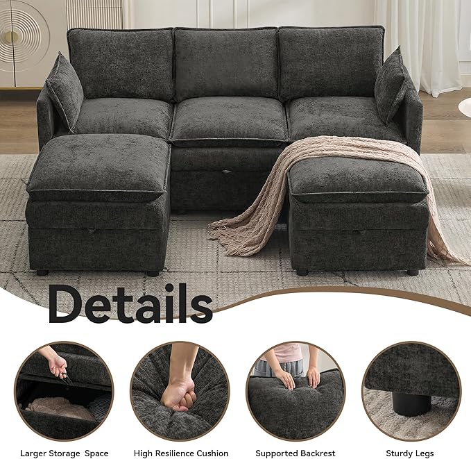 80" Cloud Modular 3 Seater Sofa with 2 Storage Ottoman, Modern Storage Sofa Couch Deep Seat, U Shape Sectional Sofa Chenille Comfy Couch with Armrests for Living Room, Small Space, Dark Grey | Modular Sofa, Storage Ottoman, Upholstered Sofa, Sectional ...