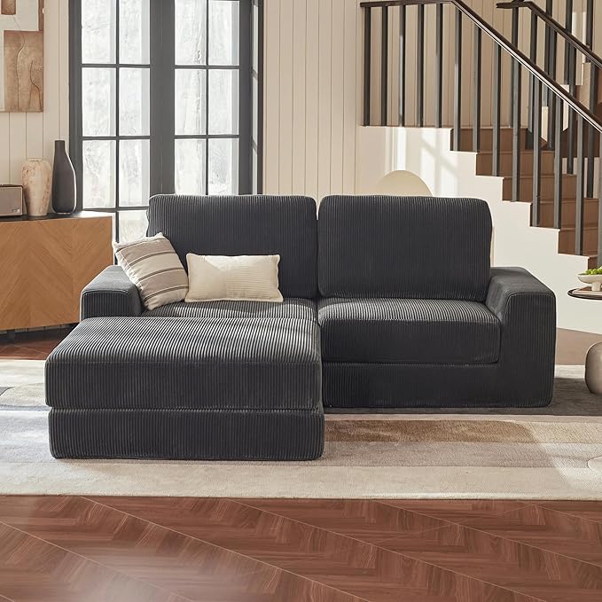 Cloud Couch Sectional, Oversized Boneless Couch Sofa with Deep Seat, Corduroy Comfy Cloud Modular Loveseat Sofa with Ottoman, Sectional Couches for Living Room No Assembly Required (Grey)
