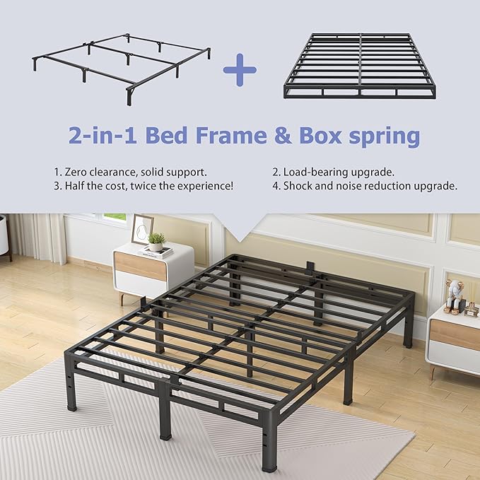 NKZ 12 Inch Queen Size Bed Frame, Metal Bed Frame & Box Spring 2 in 1 Platform with Round Corner Legs, 4000Lbs Heavy Duty Metal Frame, Mattress Slide Stopper, Headboard Hole, Noise-Free, Easy Assembly