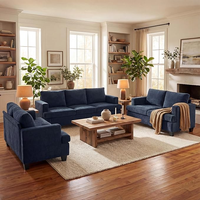 YOUDENOVA Sofa Couch, 3 Piece Set Comfy Sofa, 2 Loveseat & 3 Seater Sofa with Deep Seats for Living Room, Modern Sleeper Couch, Navy Chenille