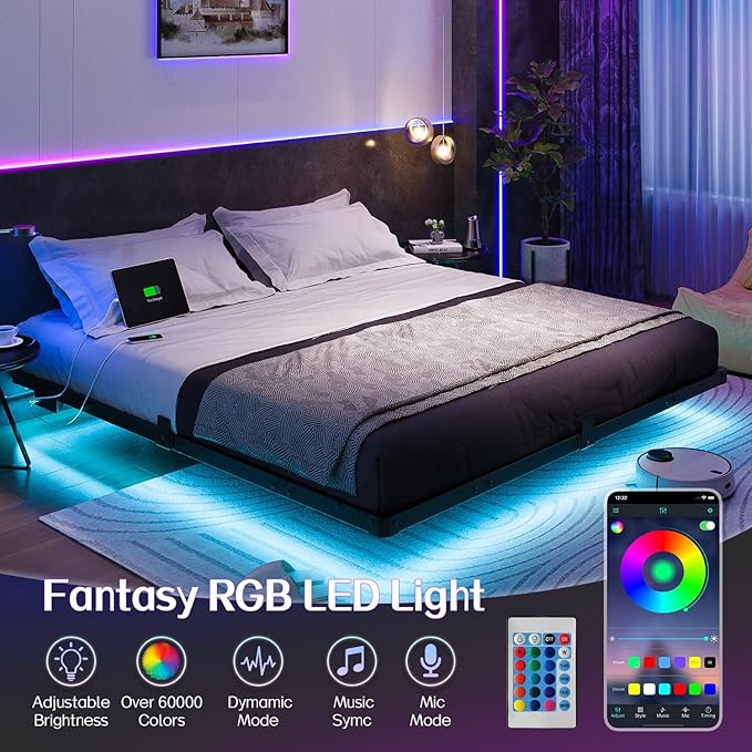 Liians King Size Floating Bed Frame with Smart LED Lights and USB Charging Station, Modern Sturdy Metal Platform, Noise Free, No Box Spring Needed Easy Assembly