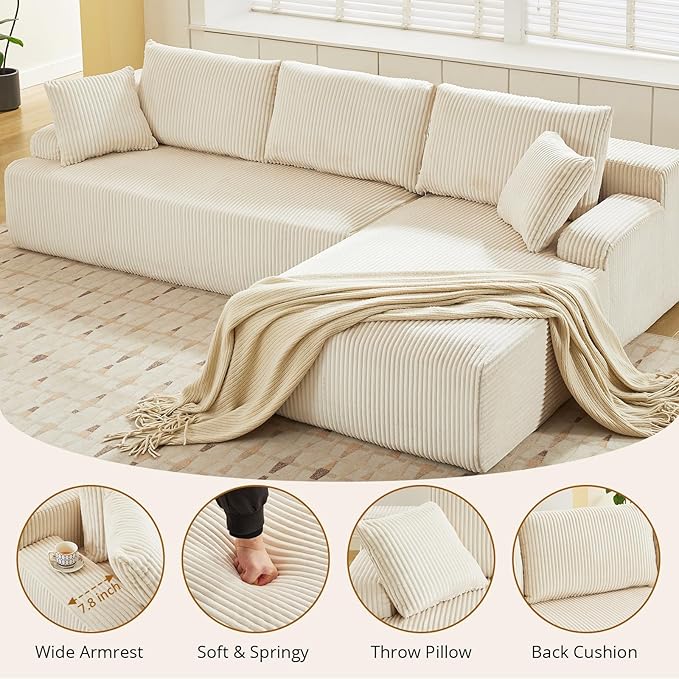 Sectional Cloud Boneless Couch 106" Modern Comfy L-Shape Corner No Assembly Required Convertible Compression Sleeper Modular Sofa with Corduroy Fabric Deep Seat Loveseat + Chaise for Living Room