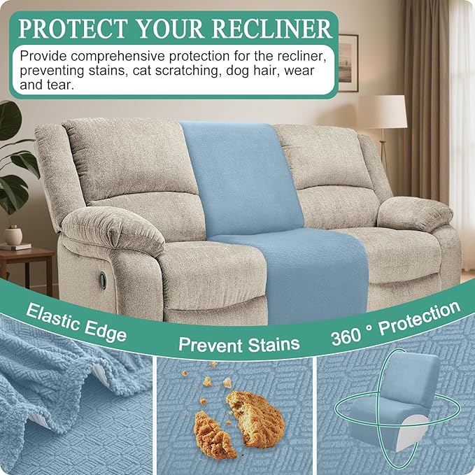 Waterproof Reclining Sectional Couch Covers Washable L Shaped Couch Cover for Sectionals Recliner Sofa Covers Stretch Corner Recliner Slipcovers for Dogs (Additional Seat Cover, Light Blue)