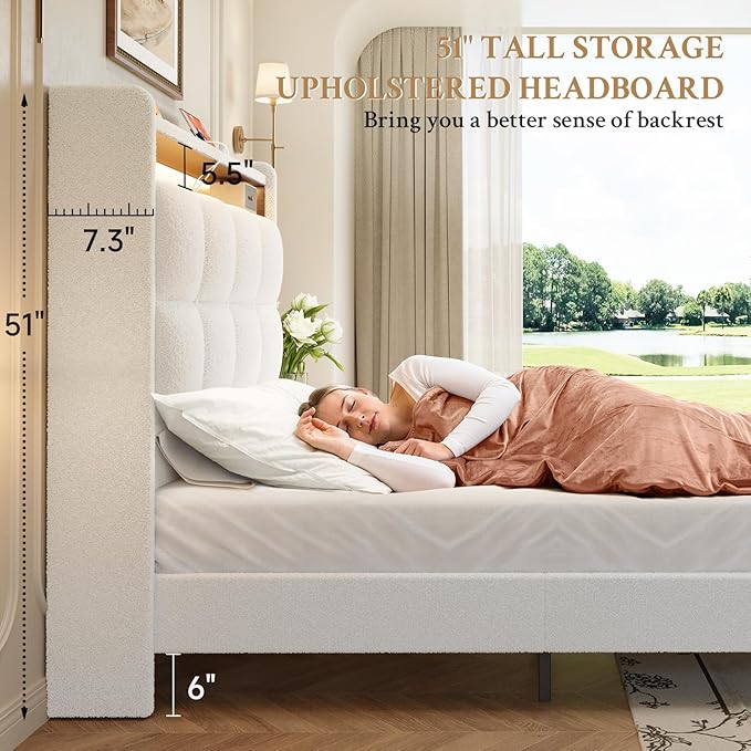 koorlian King Size Bed Frame, 51" Tall Wingback Tufted Headboard, Teddy Fleece Upholstered Bed Frame, LED Lights & USB/Type-C Port and Double Storage Shelf, No Box Spring Needed, Easy Assembly, White