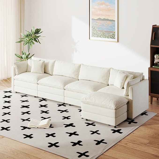 Setawix Deep 4 Seater Couch with Ottoman,147.22" L-Shaped Cloud Couches for Living Room,Chenille Cloud Sofa Couch with Deep Seat,Modular Sectional L Shape 4 Seat Sofa for Bedroom (Beige, 4+1)