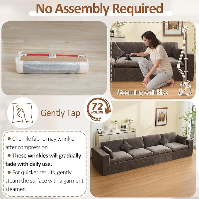 146''Cloud Boneless Sectional Couch, Modular Sectional Sofa Deep Seat, Oversized Upholstered Convertible Comfy 4 Seater Chenille Memory Foam Sofa Couches for Living Room, Brown