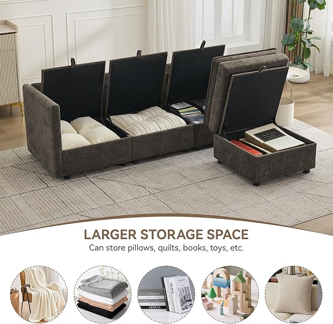 80" Cloud Modular 3 Seater Sofa with Storage Ottoman, Modern Upholstered Storage Sofa Couch Deep Seat, L Shape Sectional Sofa Chenille Comfy Couch with Armrests for Living Room, Small Space, Brown | 3 Seater Sofa, Storage Ottoman, Storage Sofa, Deep Se...